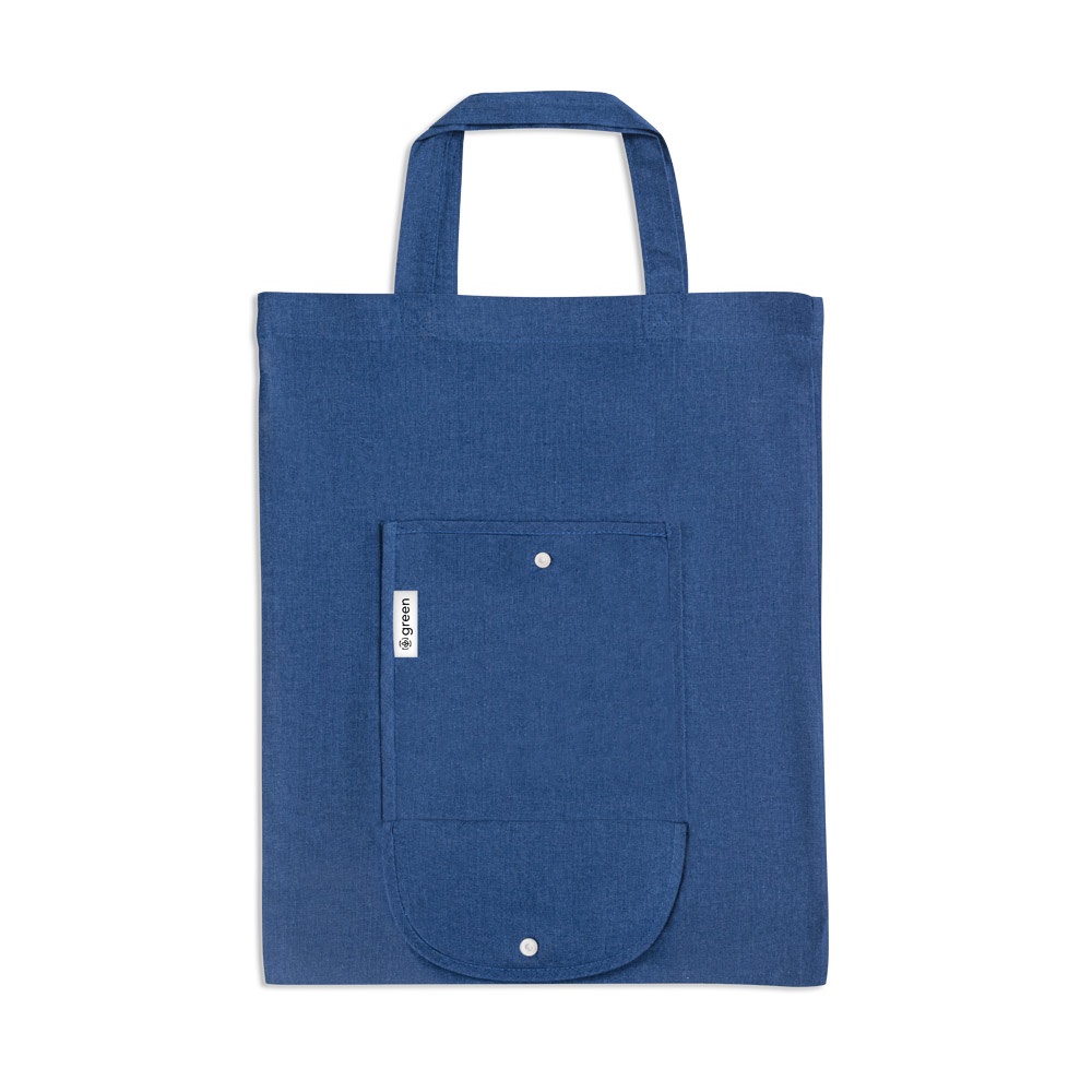 Sacola dobrável de algodão com fibras recicladas 140 g/m² colorida personalizada com a logo da empresa, na cor azul