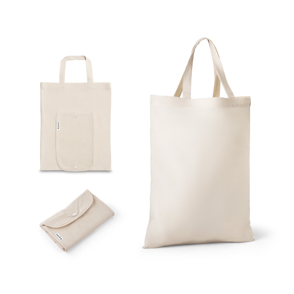 Sacola dobrável de algodão com fibras recicladas 140 g/m² natural personalizada com a logo da empresa