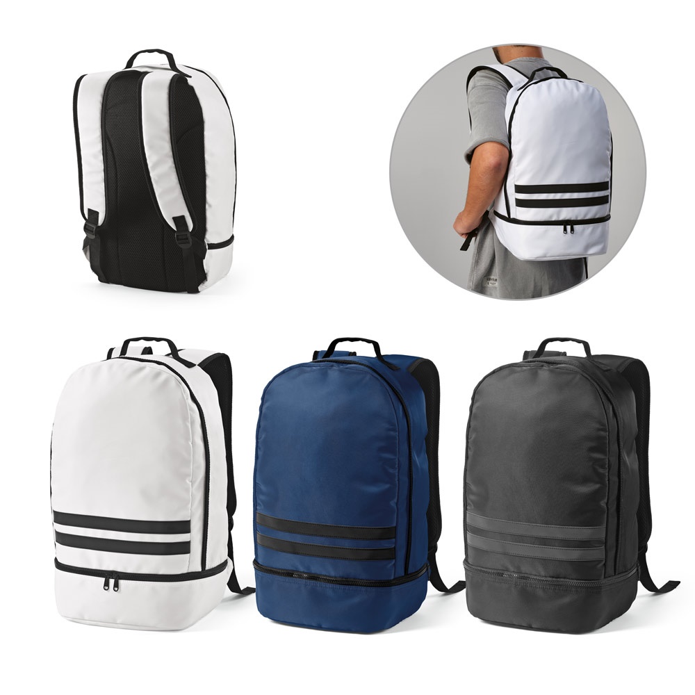 Mochila 25 litros em RPET 290T com compartimento para sapatos personalizada com a logo da empresa
