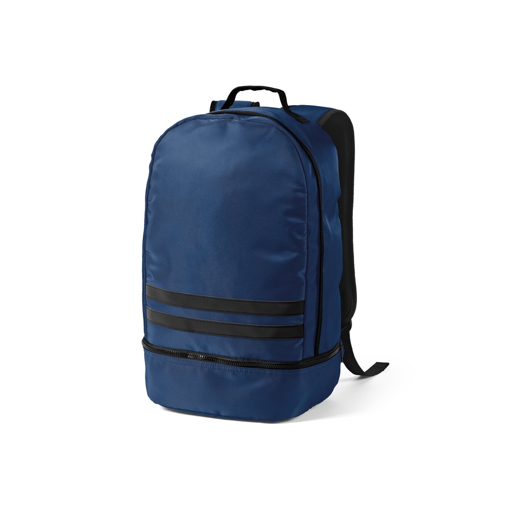Mochila 25 litros em RPET 290T com compartimento para sapatos personalizada com a logo da empresa, na cor azul