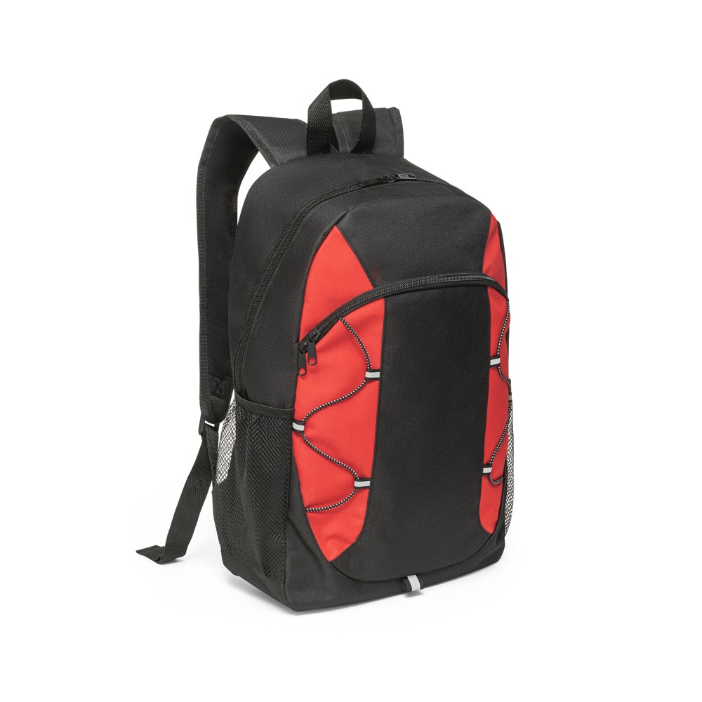 Mochila em 600D com detalhes em ripstop colorido (16 litros) personalizada com a logo da empresa, na cor vermelho