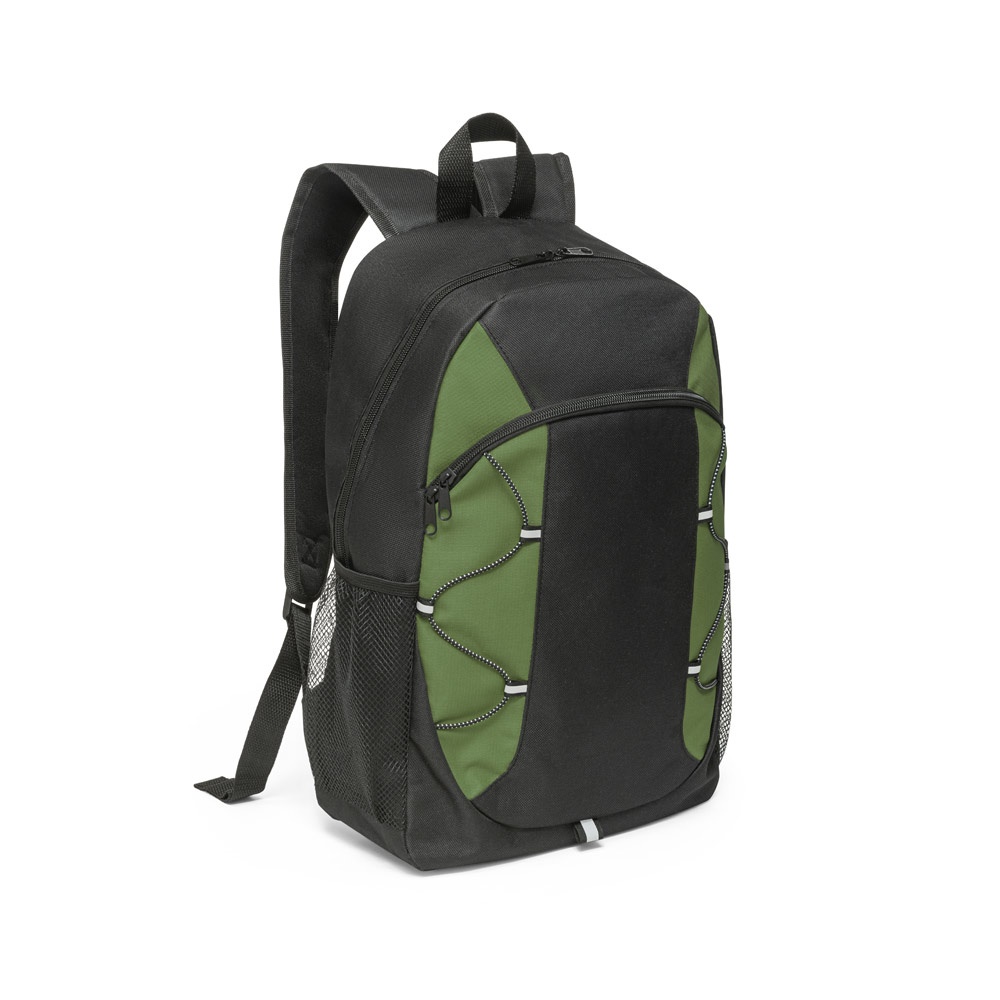 Mochila em 600D com detalhes em ripstop colorido (16 litros) personalizada com a logo da empresa, na cor verde escuro