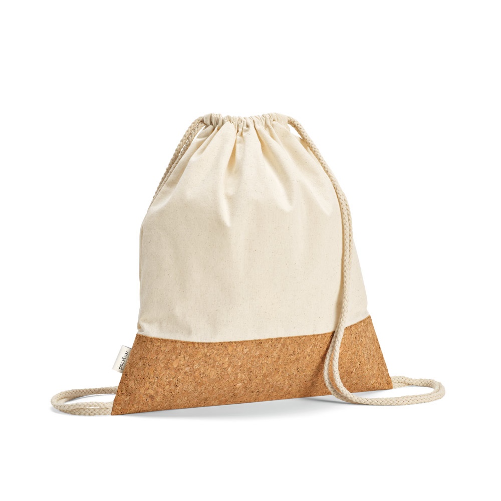 Sacola tipo mochila em algodão reciclado 180 g/m² com base em cortiça na cor Natural claro, personalizada com a logo da empresa