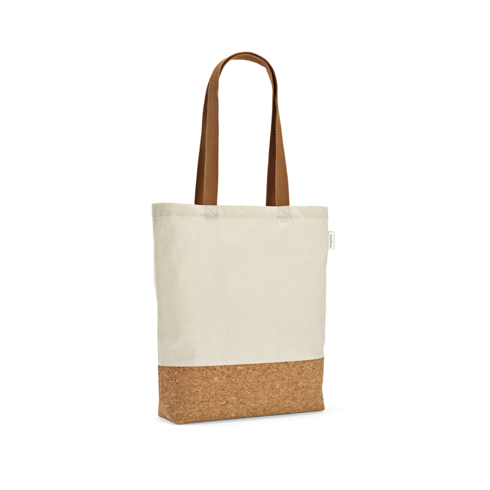 Sacola em algodão reciclado 180 g/m² com fundo em cortiça personalizada com a logo da empresa