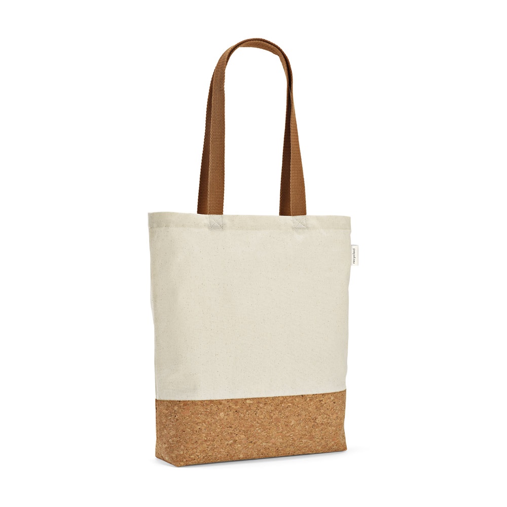 Sacola em algodão reciclado 180 g/m² com fundo em cortiça na cor Natural claro, personalizada com a logo da empresa