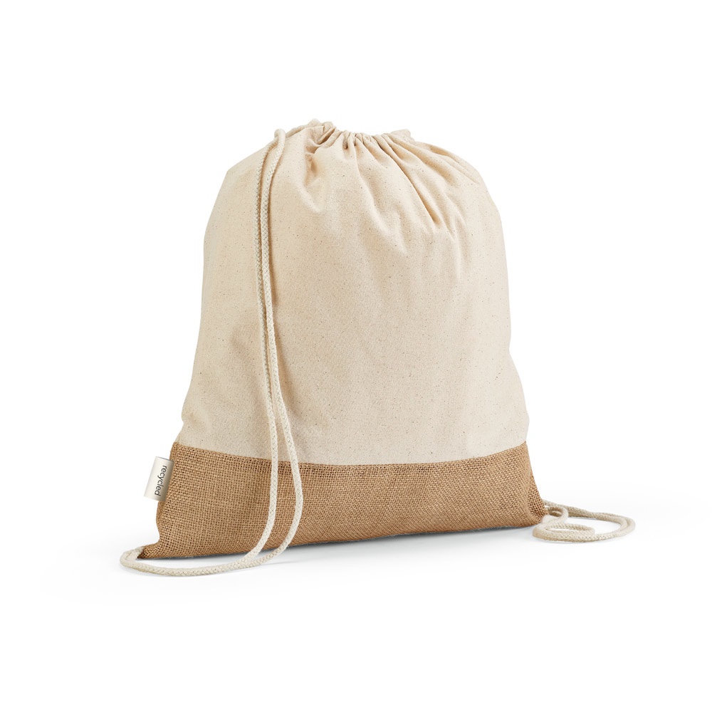 Sacola tipo mochila em algodão reciclado 180 g/m² com base em juta personalizada com a logo da empresa