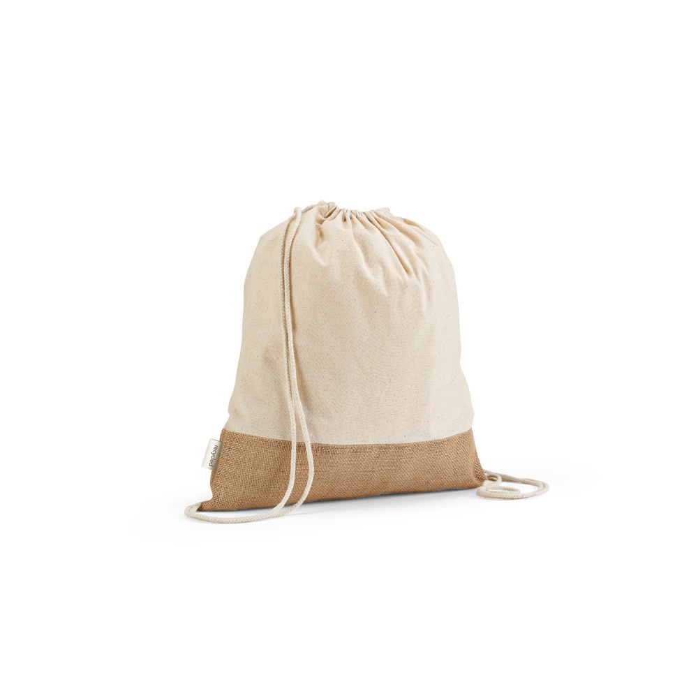 Sacola tipo mochila em algodão reciclado 180 g/m² com base em juta na cor Natural claro, personalizada com a logo da empresa
