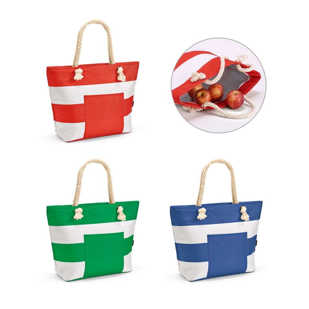 Sacola térmica em poliéster reciclado 600D 16 litros com bolso frontal personalizada com a logo da empresa