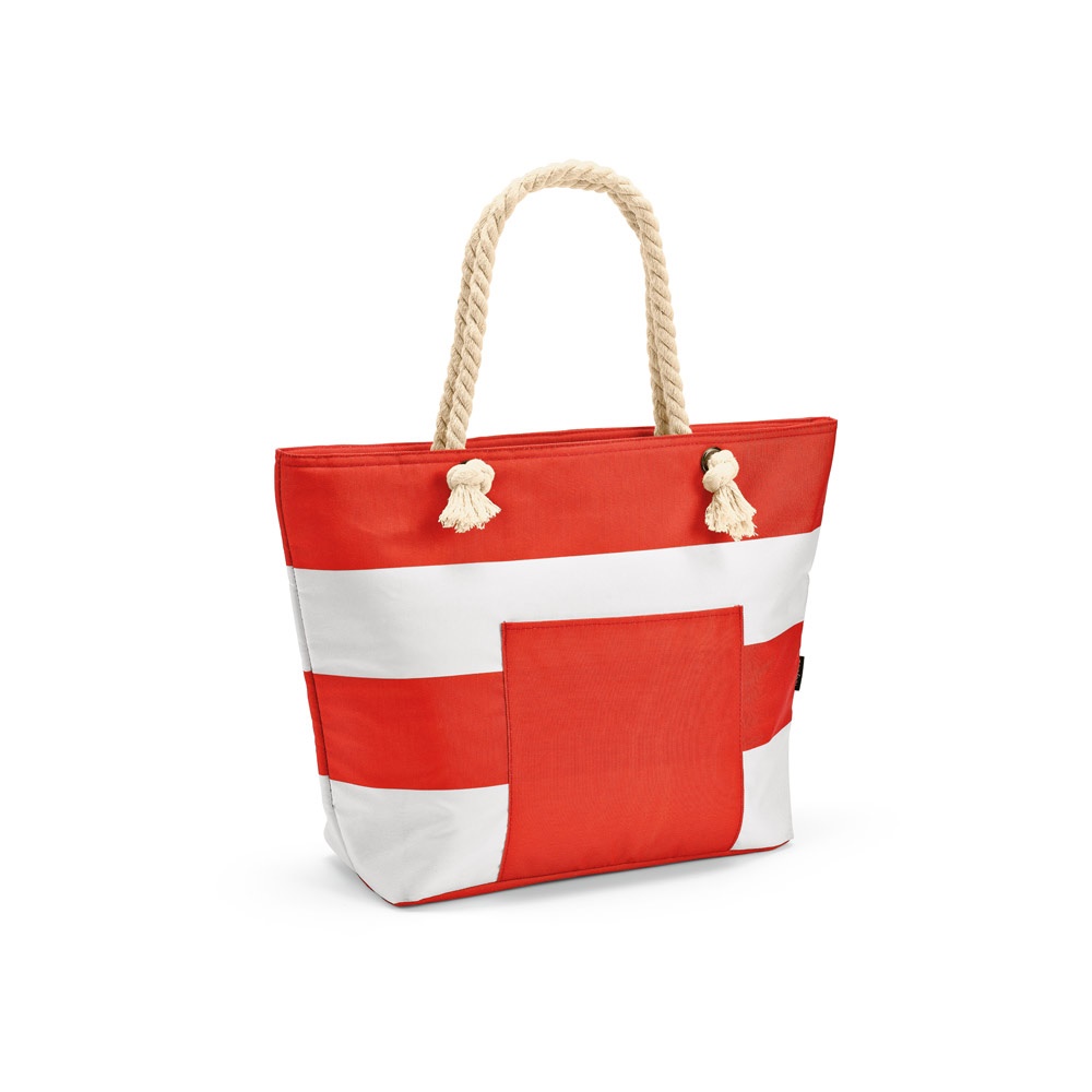 Sacola térmica em poliéster reciclado 600D 16 litros com bolso frontal personalizada com a logo da empresa, na cor vermelho