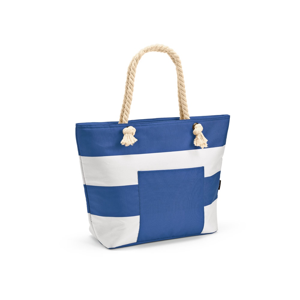 Sacola térmica em poliéster reciclado 600D 16 litros com bolso frontal na cor Azul royal, personalizada com a logo da empresa