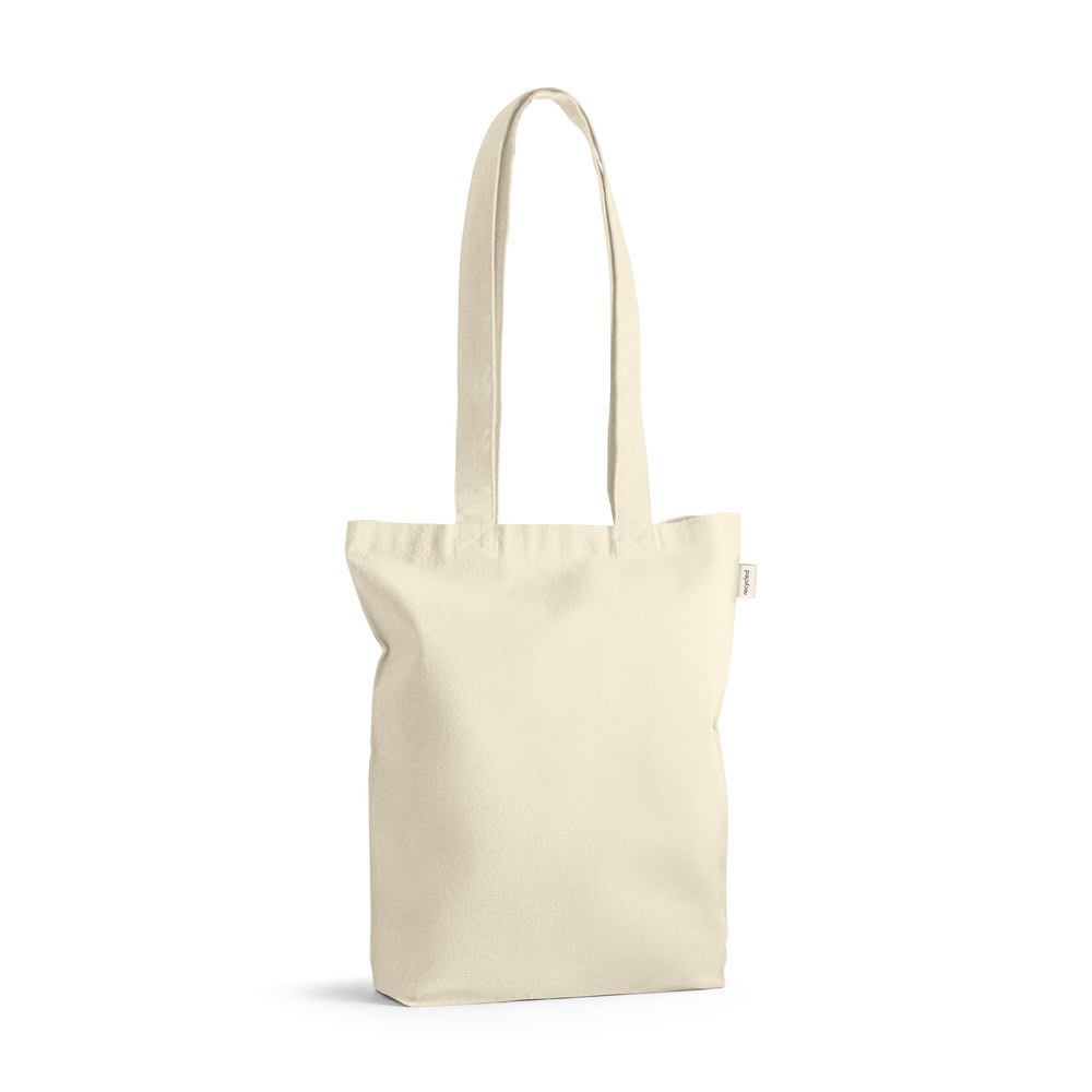 Sacola em 100% algodão reciclado (140 g/m²) na cor Natural claro, personalizada com a logo da empresa