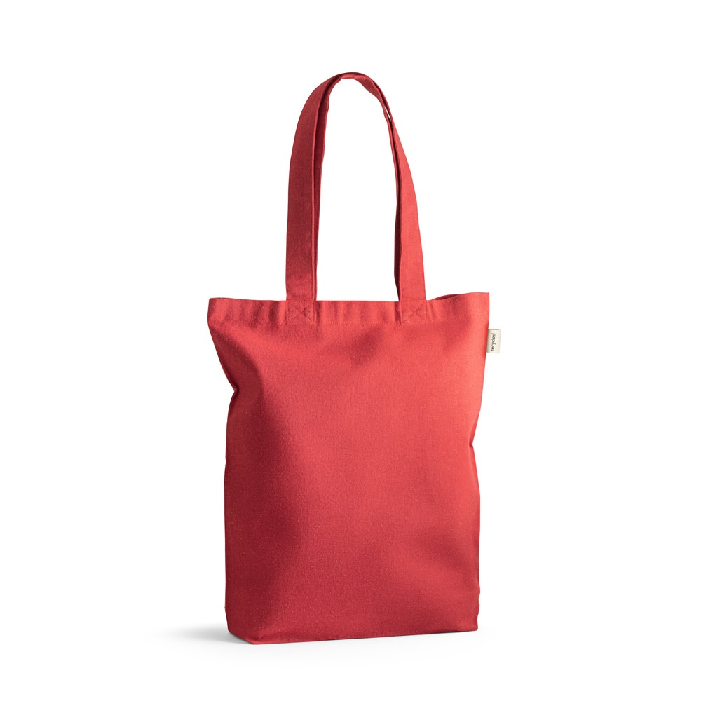 Sacola em algodão reciclado 220 g/m² sem tingimento personalizada com a logo da empresa, na cor vermelho