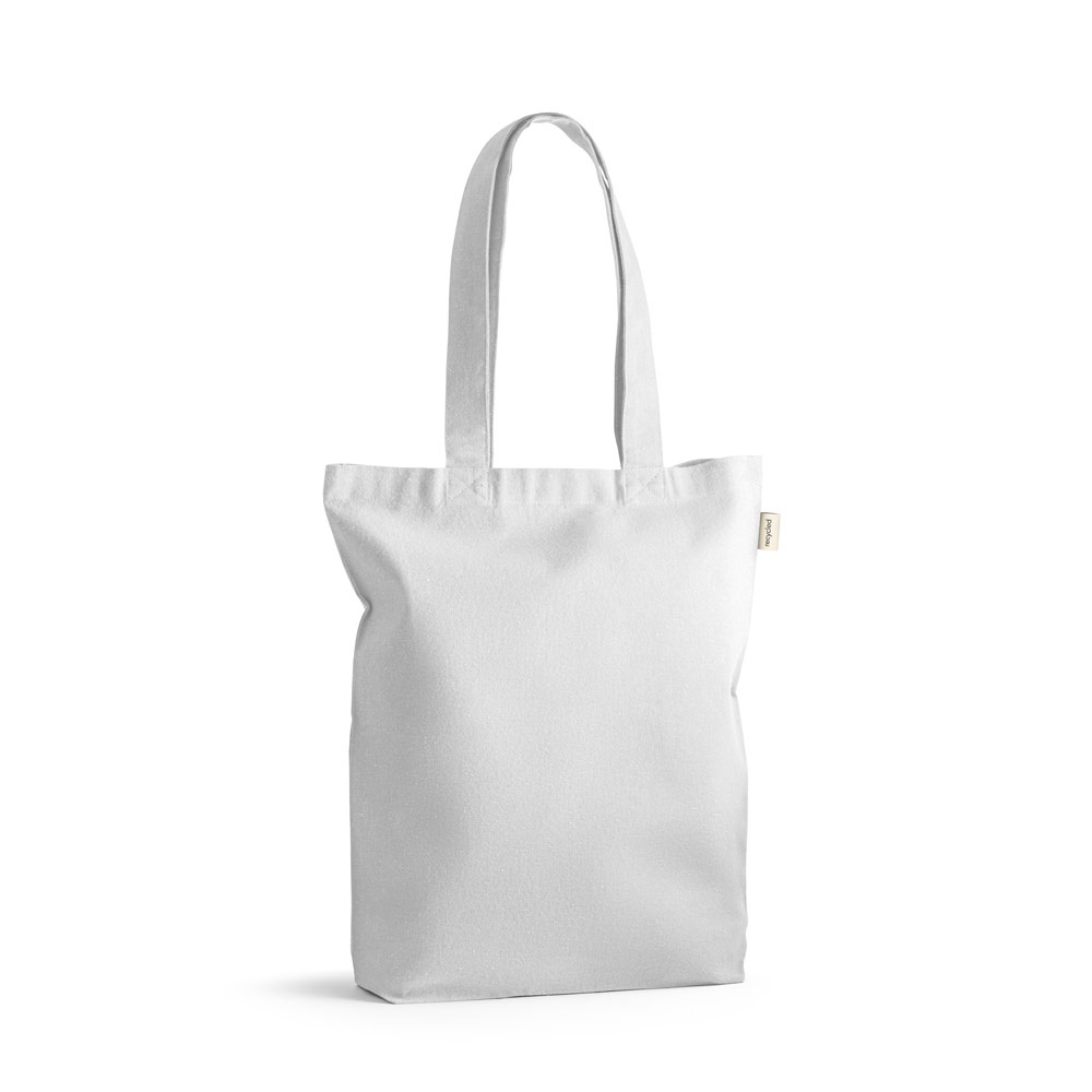 Sacola em algodão reciclado 220 g/m² sem tingimento na cor Branco, personalizada com a logo da empresa