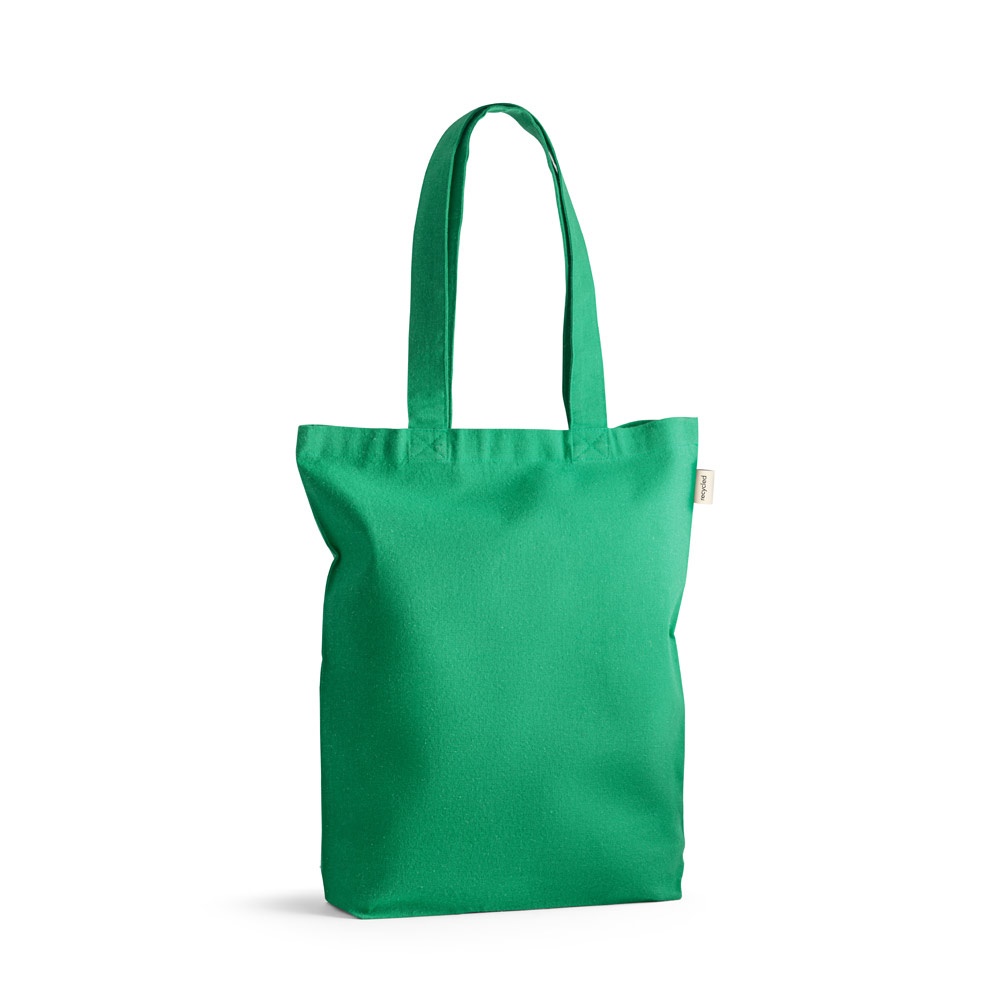 Sacola em algodão reciclado 220 g/m² sem tingimento personalizada com a logo da empresa, na cor verde