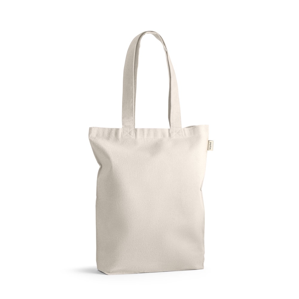 Sacola em algodão reciclado 220 g/m² sem tingimento personalizada com a logo da empresa, na cor natural claro