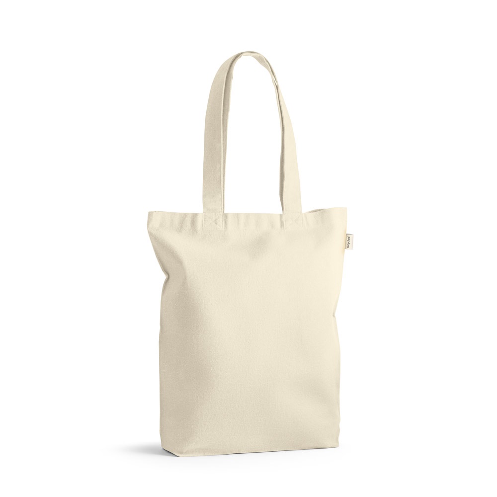 Sacola 100% algodão reciclado (220 g/m²) na cor Natural claro, personalizada com a logo da empresa