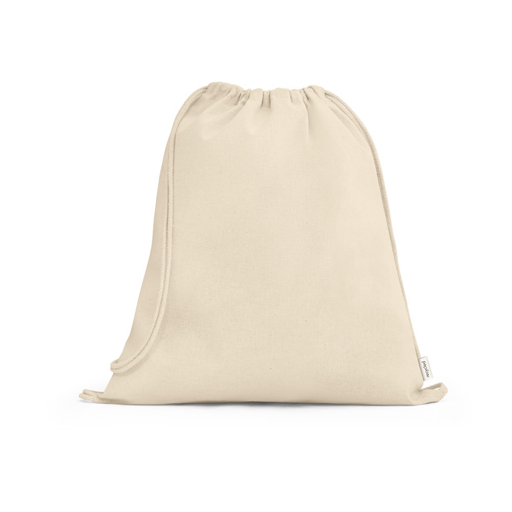 Sacola tipo mochila em 100% algodão reciclado (180 g/m²) personalizada com a logo da empresa