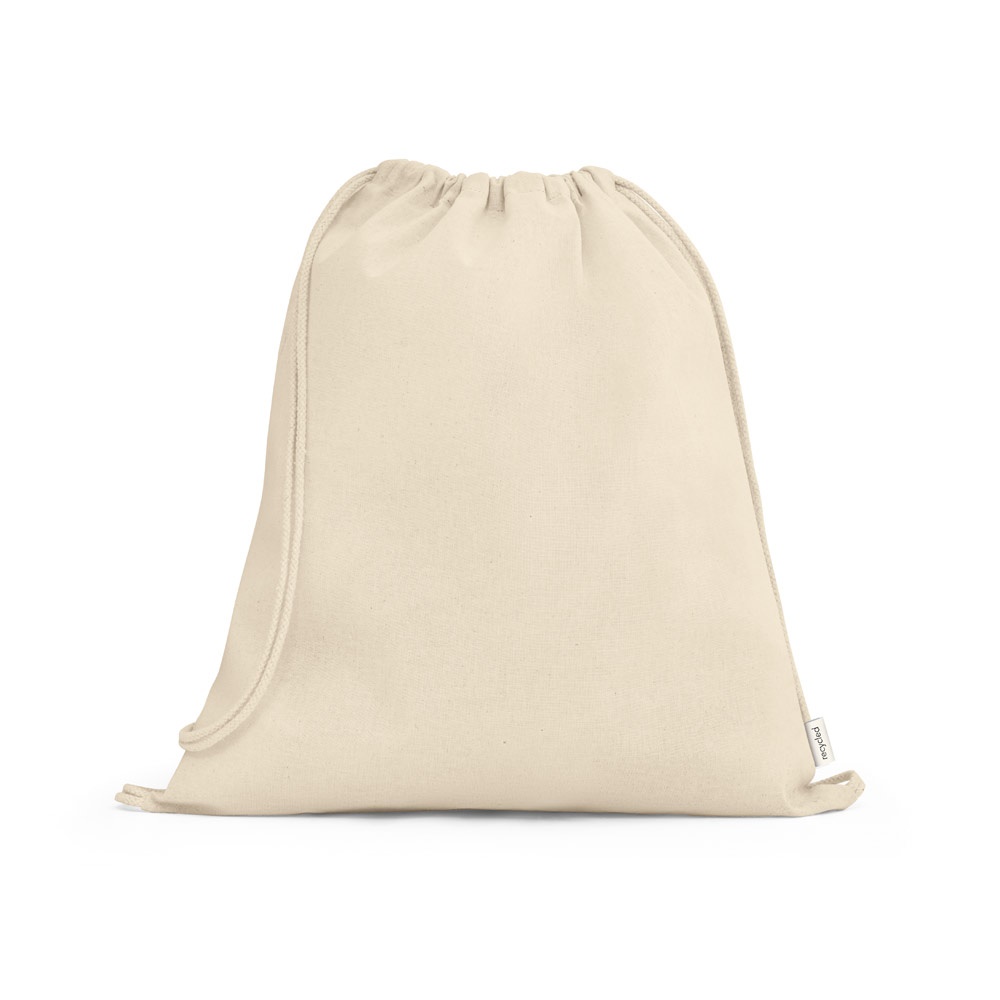 Sacola tipo mochila em 100% algodão reciclado (180 g/m²) na cor Natural claro, personalizada com a logo da empresa