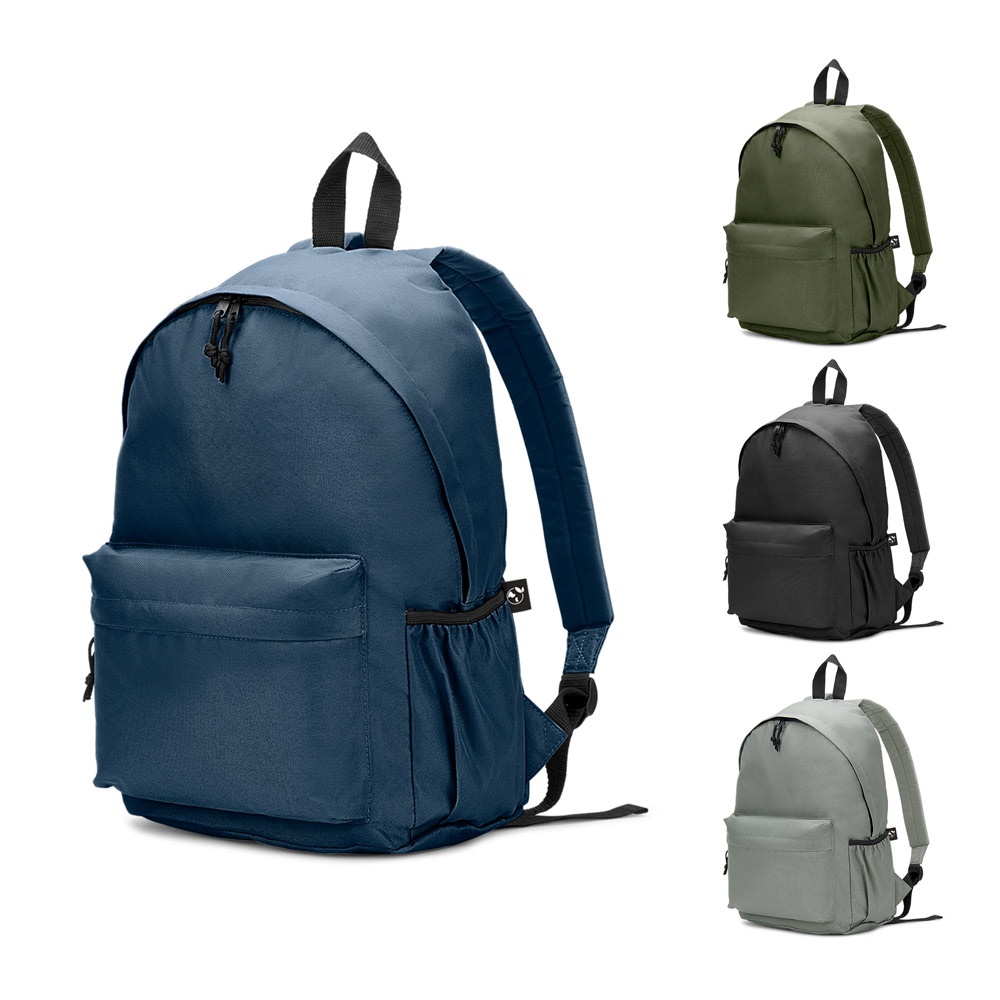 Mochila em poliéster reciclado 600D com bolso frontal espaçoso personalizada com a logo da empresa