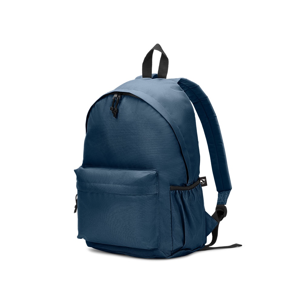 Mochila em poliéster reciclado 600D com bolso frontal espaçoso personalizada com a logo da empresa, na cor azul