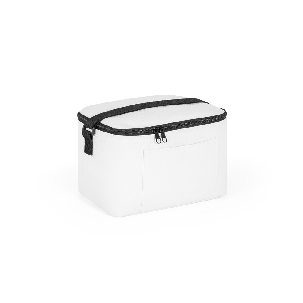 Bolsa térmica 7 litros em poliéster reciclado 600D com forro em PEVA na cor Branco, personalizada com a logo da empresa