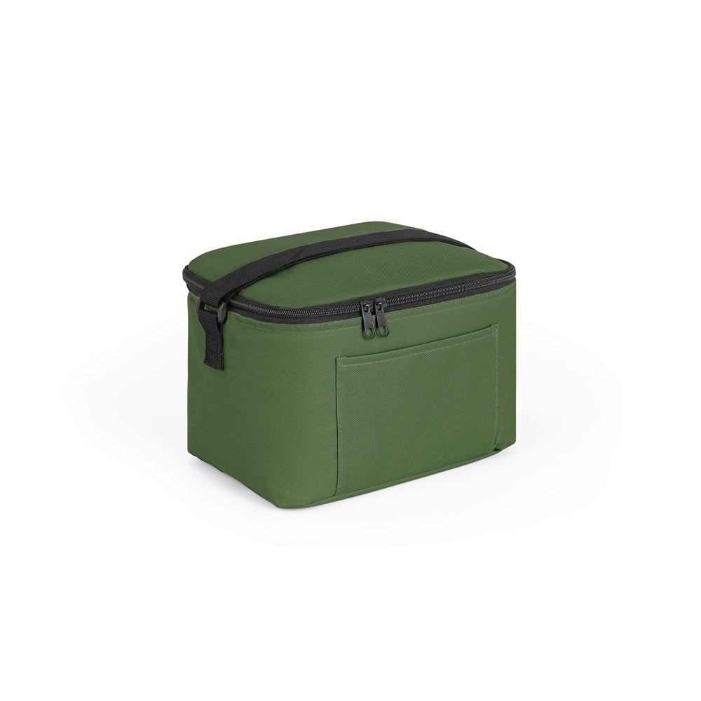 Bolsa térmica 7 litros em poliéster reciclado 600D com forro em PEVA personalizada com a logo da empresa, na cor verde escuro