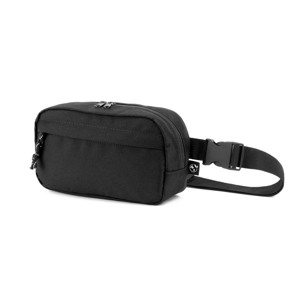 Pochete em poliéster reciclado 600D com forro reciclado na cor Preto, personalizada com a logo da empresa