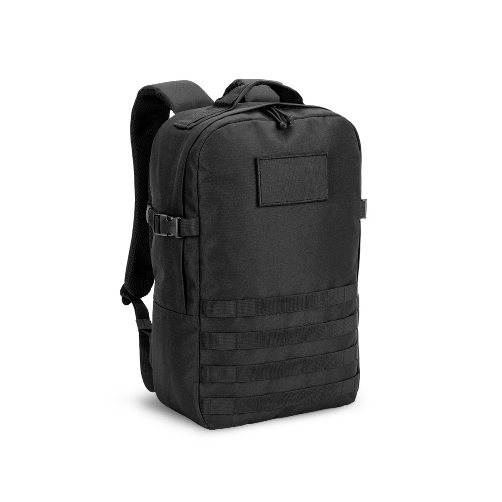 Mochila estilo militar 21 litros para notebook 17,3" em RPET 600D na cor Preto, personalizada com a logo da empresa