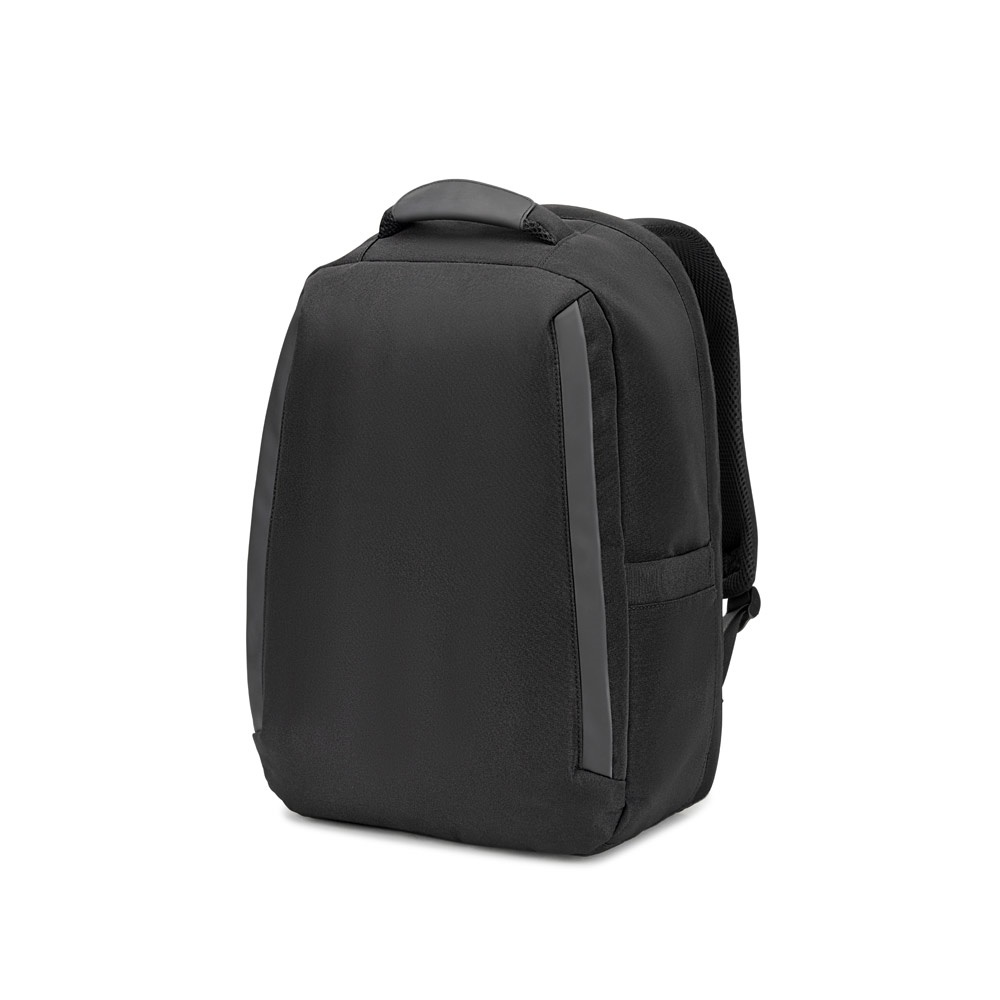 Mochila antirroubo 20 litros para notebook 17,3" em RPET 600D na cor Preto, personalizada com a logo da empresa