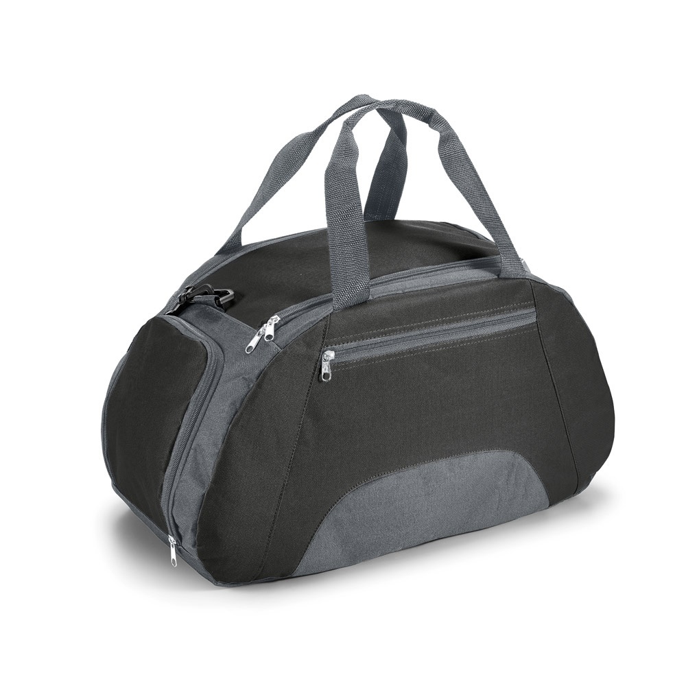 Bolsa esportiva em 600D com fundo em placa semi-rígida (30 litros) na cor Preto, personalizada com a logo da empresa