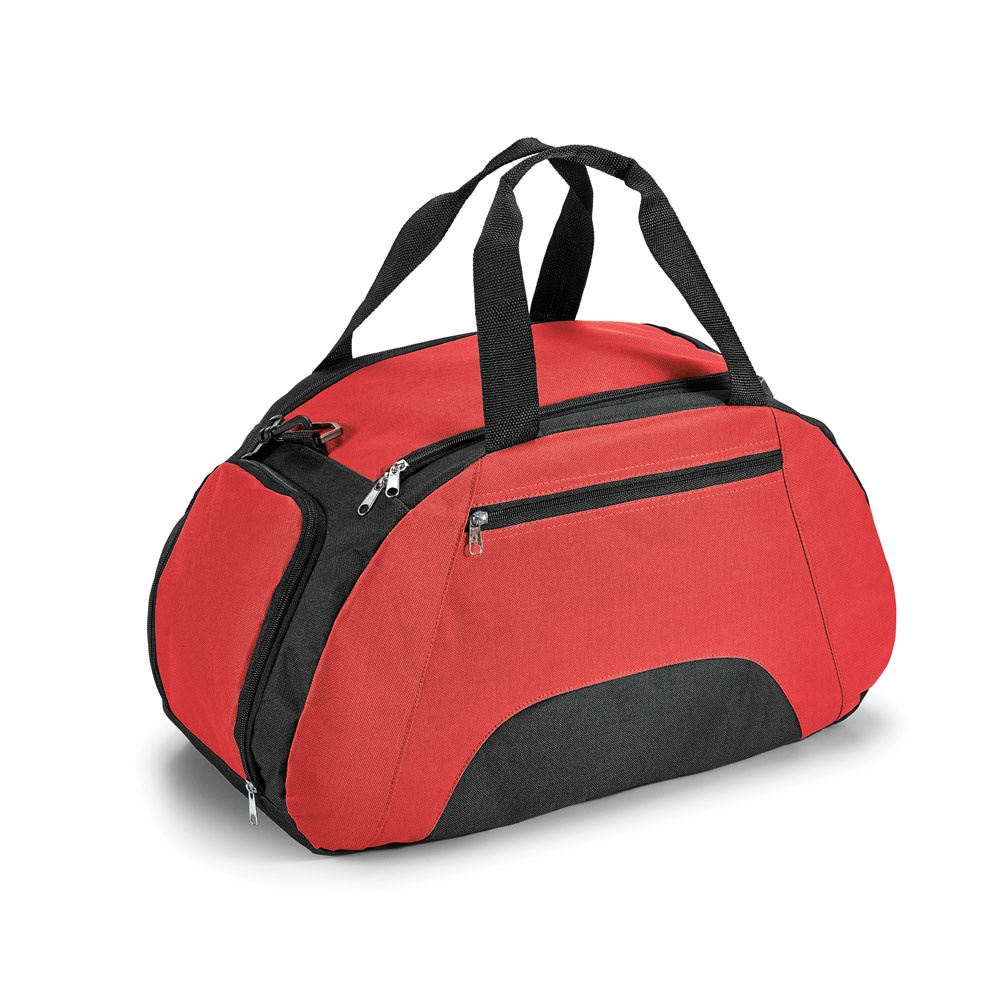 Bolsa esportiva em 600D com fundo em placa semi-rígida (30 litros) personalizada com a logo da empresa, na cor vermelho