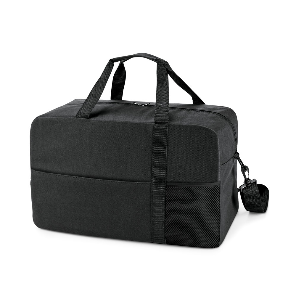 Bolsa esportiva em 600D com fundo de placa semi-rígida (29 litros) na cor Preto, personalizada com a logo da empresa
