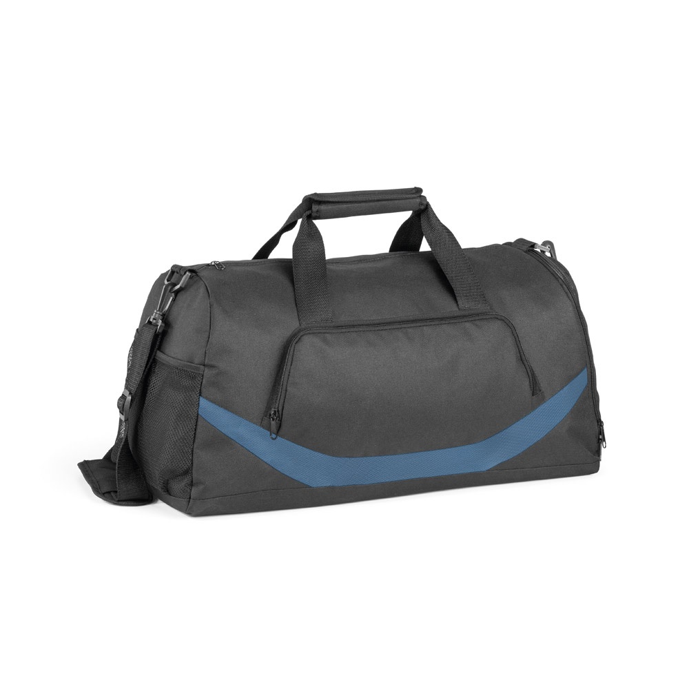 Bolsa esportiva 35 litros em 300D e 1680D com fundo semi-rígido personalizada com a logo da empresa, na cor azul