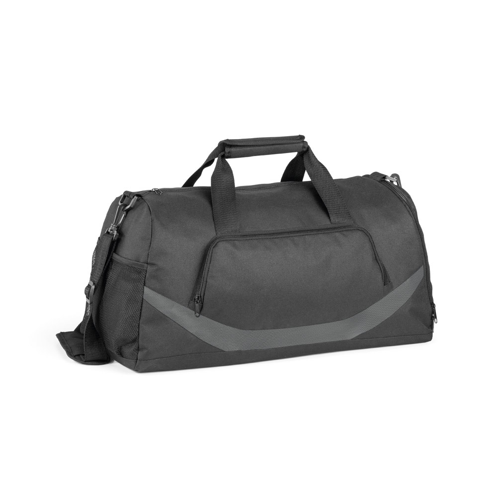 Bolsa esportiva 35 litros em 300D e 1680D com fundo semi-rígido na cor Cinza, personalizada com a logo da empresa