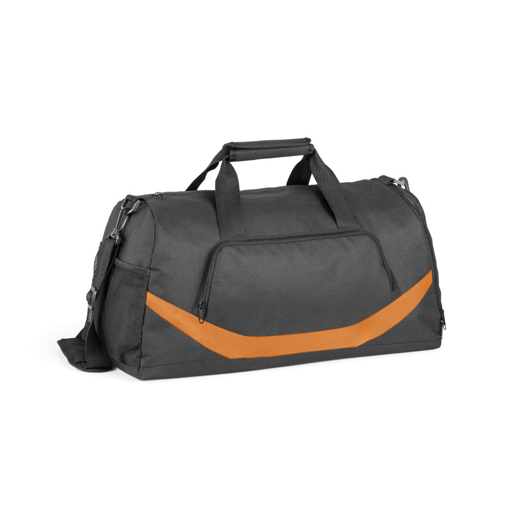Bolsa esportiva 35 litros em 300D e 1680D com fundo semi-rígido personalizada com a logo da empresa, na cor laranja