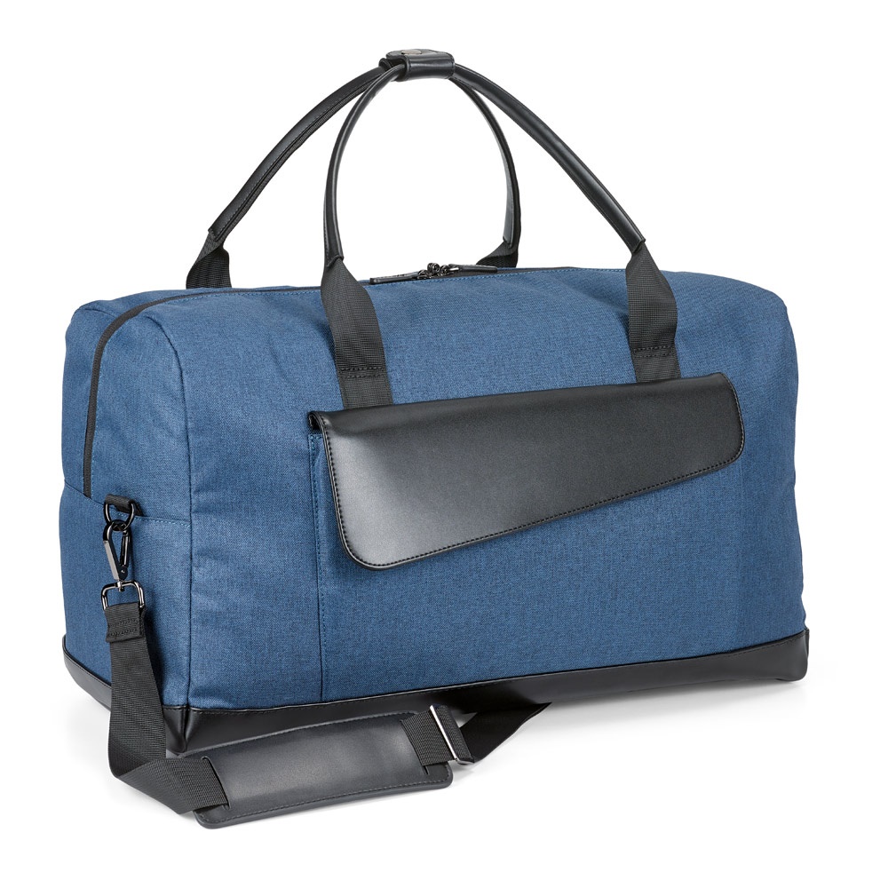 Saco de viagem em 600D catiónico e couro sintético na cor Azul, personalizado com a logo da empresa