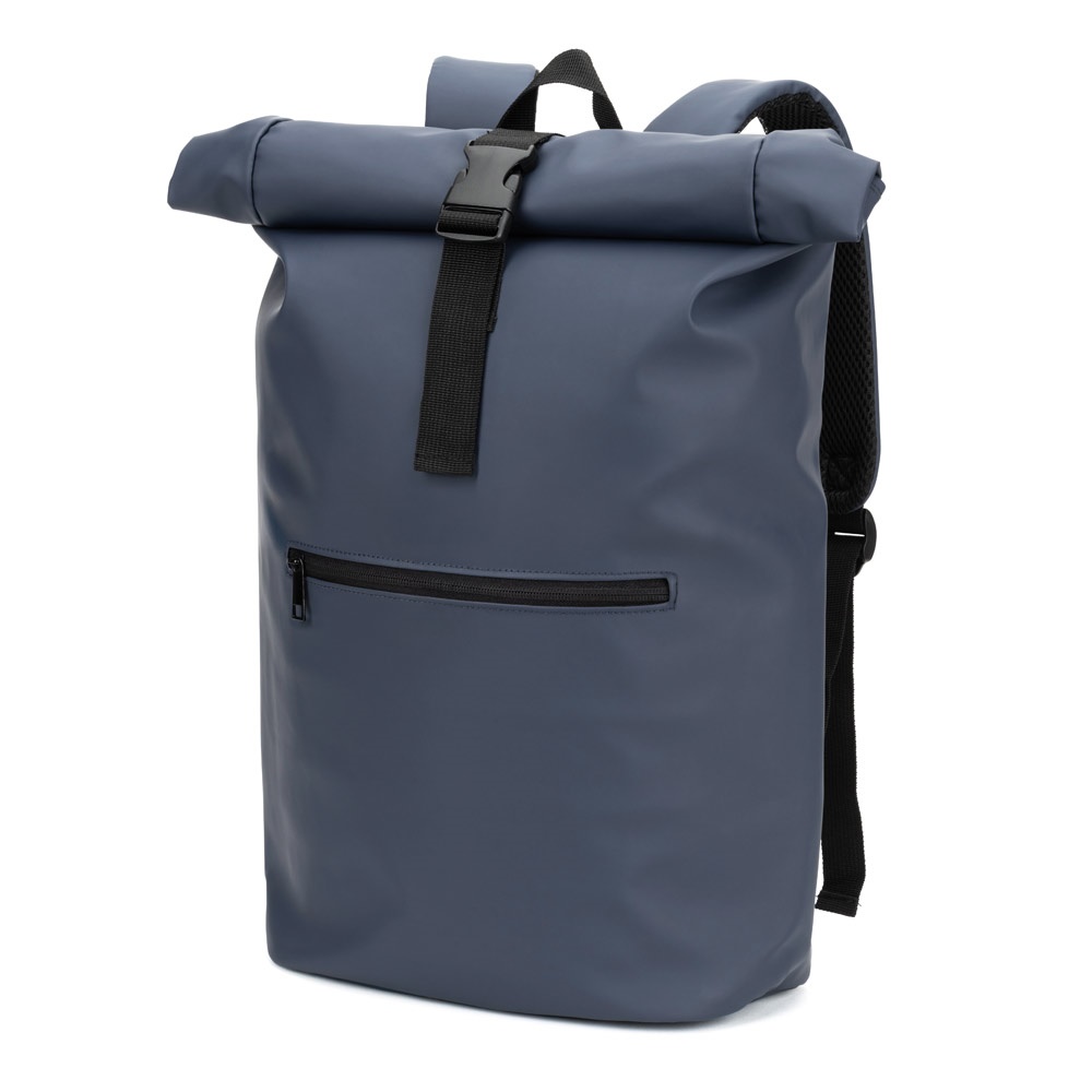 Mochila "roll top" em PU com bolso para notebook (16") personalizada com a logo da empresa, na cor azul