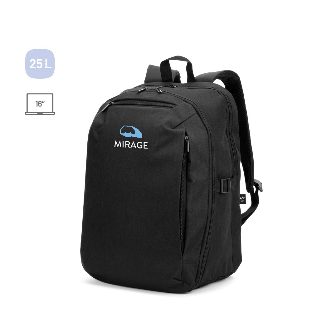 Mochila de abertura total 25 litros para notebook 16" em RPET 300D personalizada com a logo da empresa