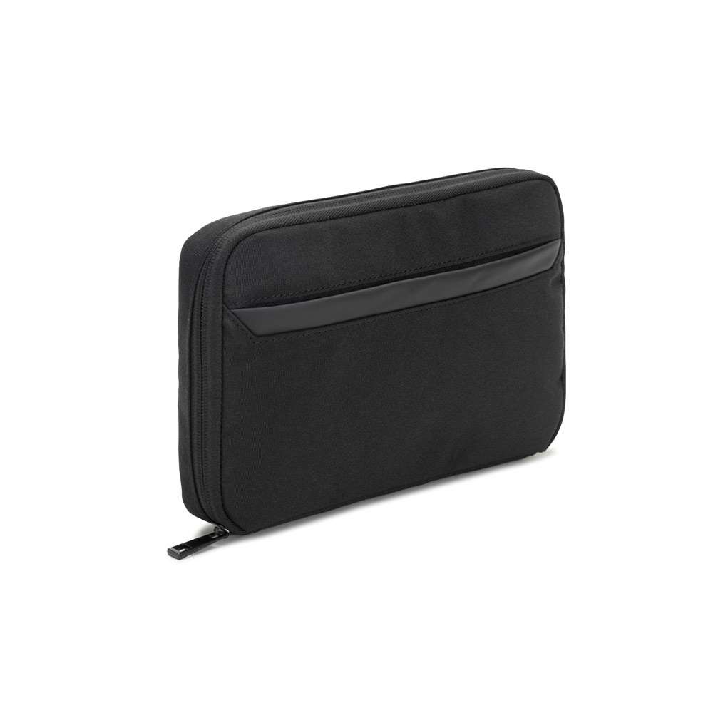 Bolsa organizadora espaçosa para acessórios tecnológicos em poliéster reciclado 600D twill na cor Preto, personalizada com a logo da empresa