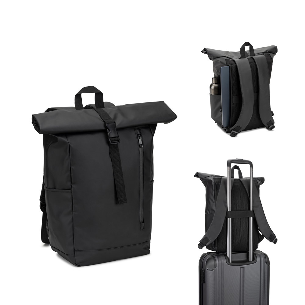Mochila roll top 14" 20 litros em poliéster reciclado 600D personalizada com a logo da empresa