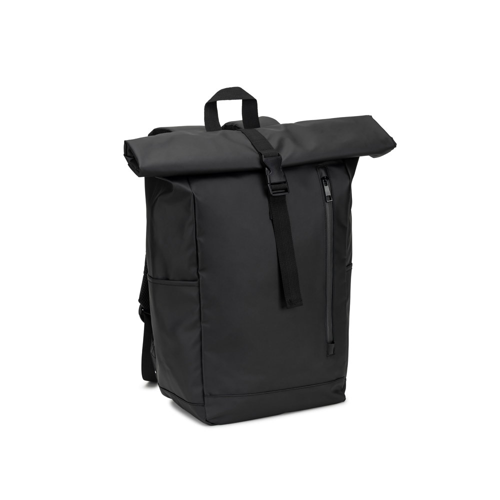Mochila roll top 14" 20 litros em poliéster reciclado 600D na cor Preto, personalizada com a logo da empresa