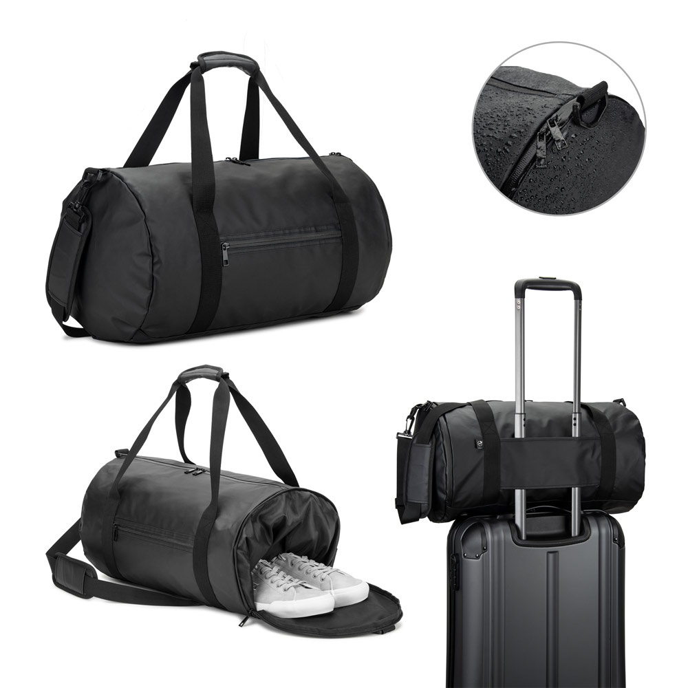 Bolsa esportiva cilíndrica 32 litros em poliéster reciclado 600D personalizada com a logo da empresa