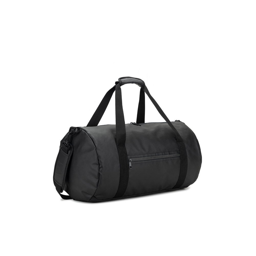 Bolsa esportiva cilíndrica 32 litros em poliéster reciclado 600D na cor Preto, personalizada com a logo da empresa