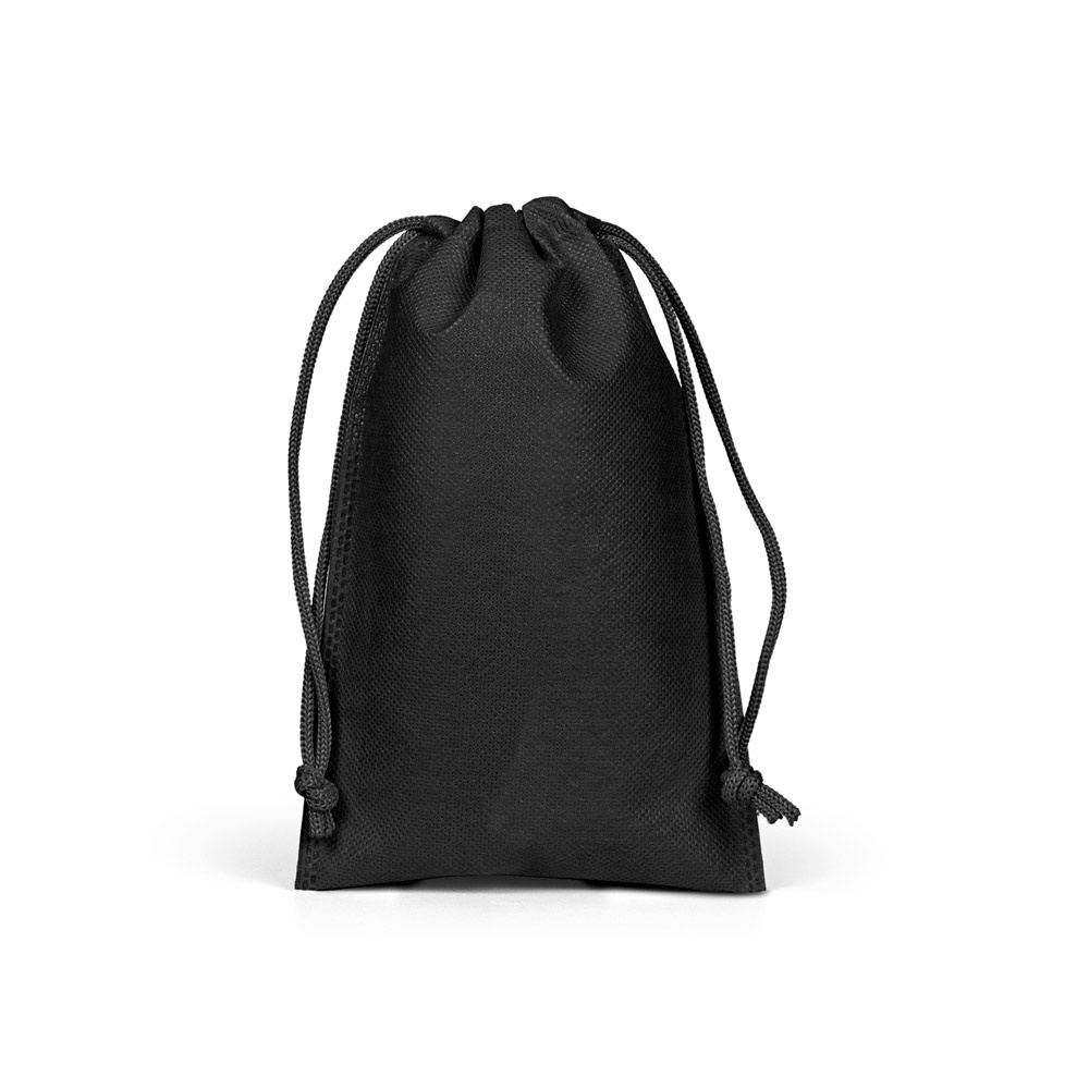 Sacola pequena em non-woven (60 g/m²) termo-selada na cor Preto, personalizada com a logo da empresa