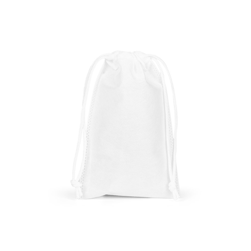 Sacola pequena em non-woven (60 g/m²) termo-selada personalizada com a logo da empresa, na cor branco