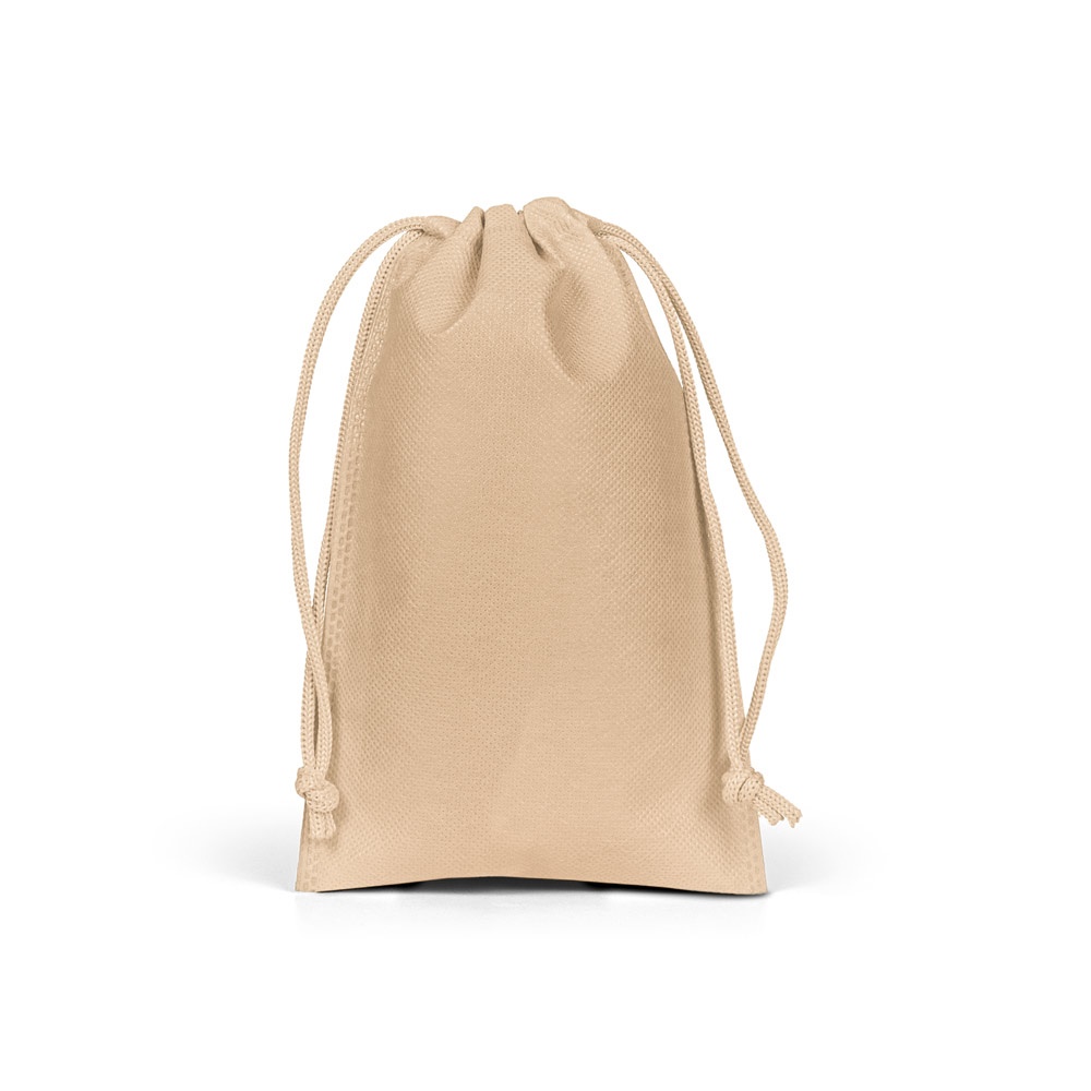 Sacola pequena em non-woven (60 g/m²) termo-selada personalizada com a logo da empresa, na cor marron claro