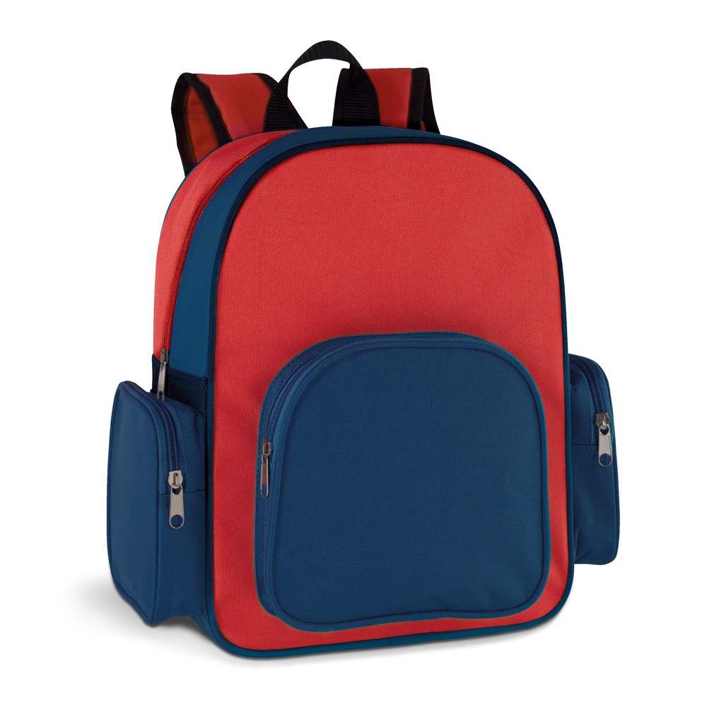 Mochila em 600D com bolso frontal na cor Vermelho, personalizada com a logo da empresa