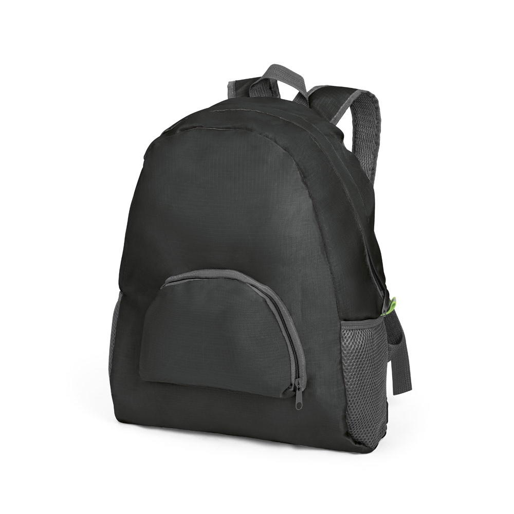 Mochila dobrável em 210D ripstop (11 litros) com bolso frontal na cor Preto, personalizada com a logo da empresa