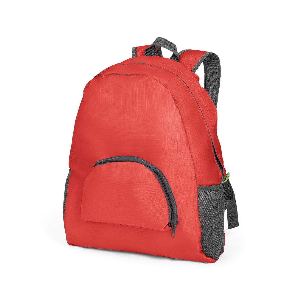 Mochila dobrável em 210D ripstop (11 litros) com bolso frontal personalizada com a logo da empresa, na cor vermelho