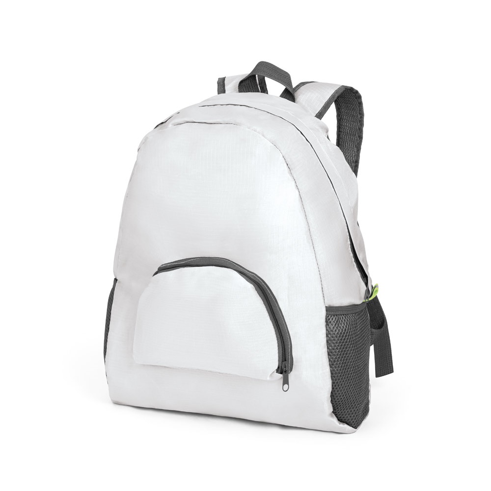 Mochila dobrável em 210D ripstop (11 litros) com bolso frontal personalizada com a logo da empresa, na cor branco